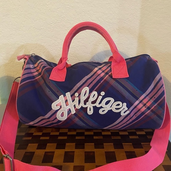 Vintage Tommy Hilfiger 13”x10”Plaid Academia Duffle Crossbody Bag Pink Blue - Picture 4 of 16